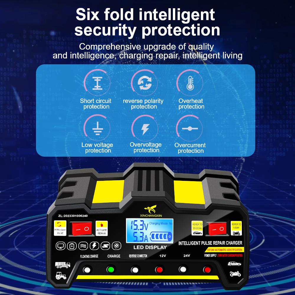 Интеллектуальное импульсное зарядное устройство для аккумуляторов 220 В, быстрая зарядка, вилка ЕС, для мокрых и сухих свинцово-кислотных аккумуляторов, полностью автоматическое зарядное устройство для автомобильных аккумуляторов 300 Ач, ЖК-дисплей