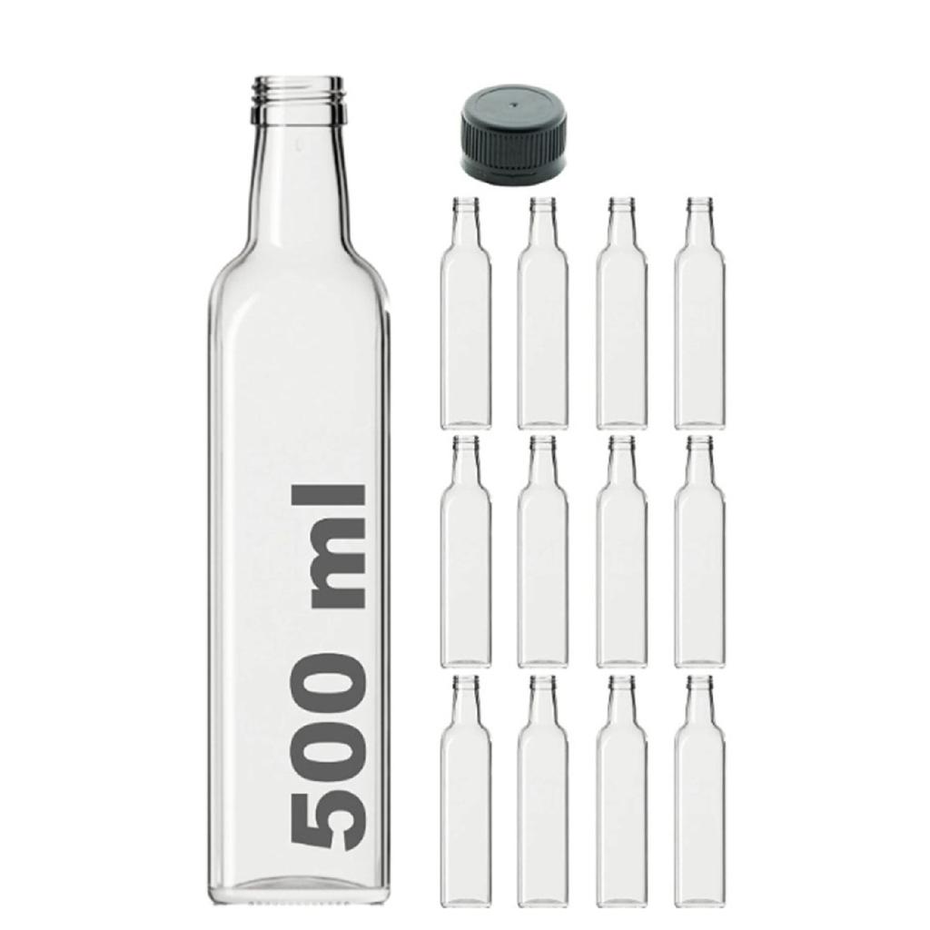 12 Pieces Multi-purpose Transparent Glass Square Maraska Bottle 500 Ml - With Leak Proof Cap