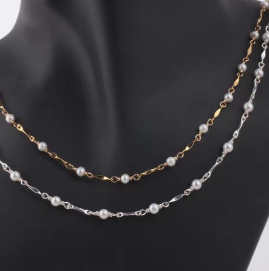 14K Gold Filled Dapped Bar Chain Beaded 3-3.5mm Fresh Water Pearls for DIY Permanent Handmade Necklace Bracelet Jewelry Making
