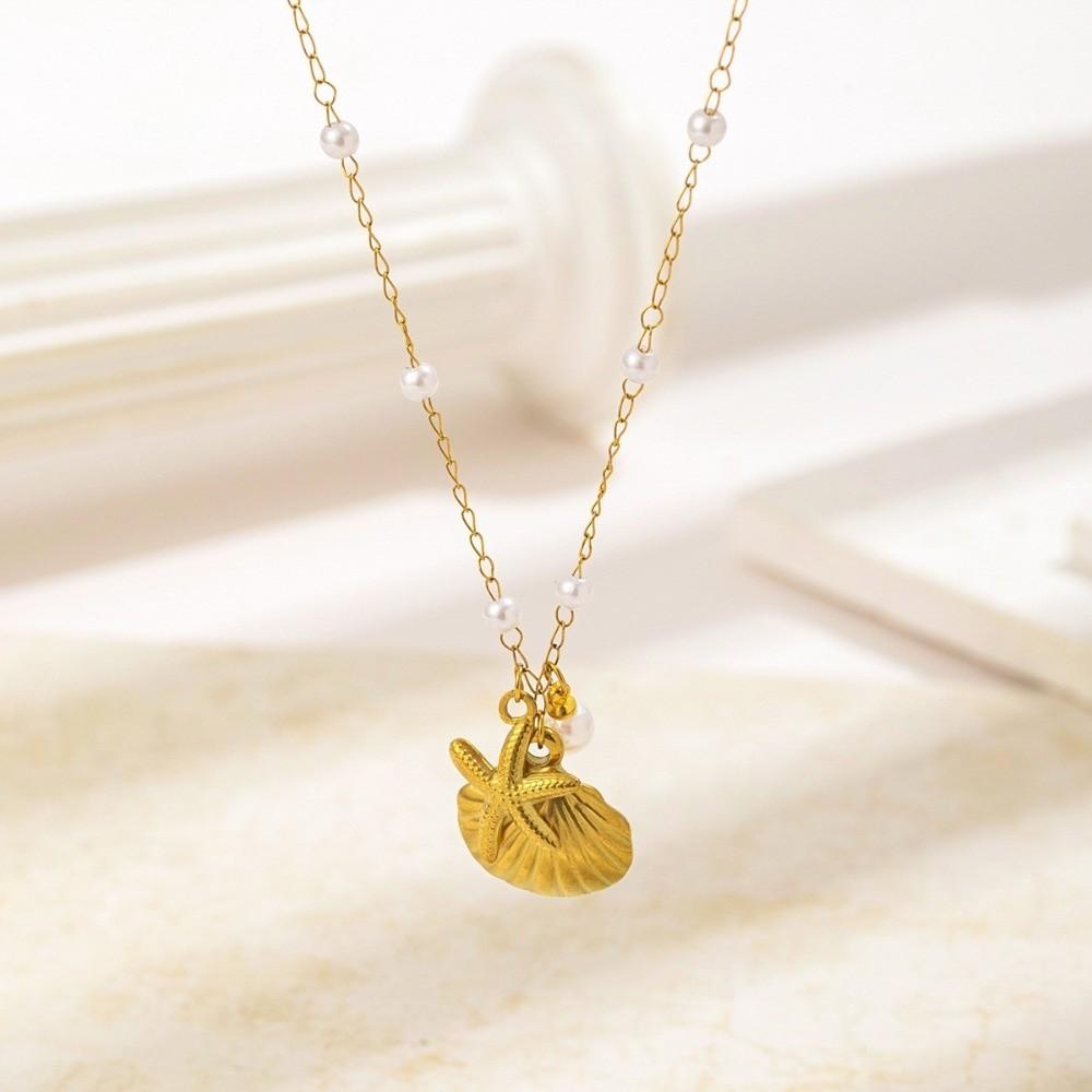 Pearl Accent Shell Necklace Gold Color Drop Earrings Stylish Women Jewelry Beach Wear