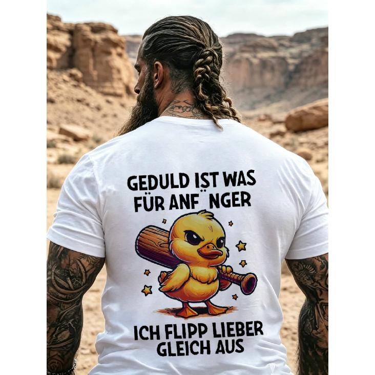 Men's white short-sleeve t-shirt with funny cartoon duck holding bat graphic, crew neck, soft cotton feel, casual streetwear style for everyday wear
