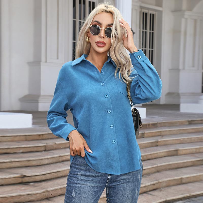 Women's Autumn Top Solid Long Sleeve Loose Casual Shirt Ladies Lapel Pocket Office Shirts