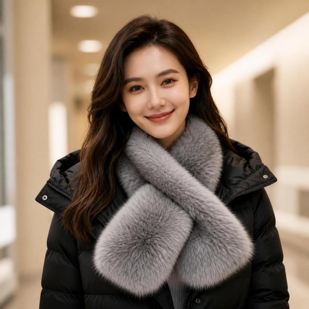Plush Cross Scarf Thickened Neck Collar Elegant Imitation Fox Fur Scarf for Women Girls