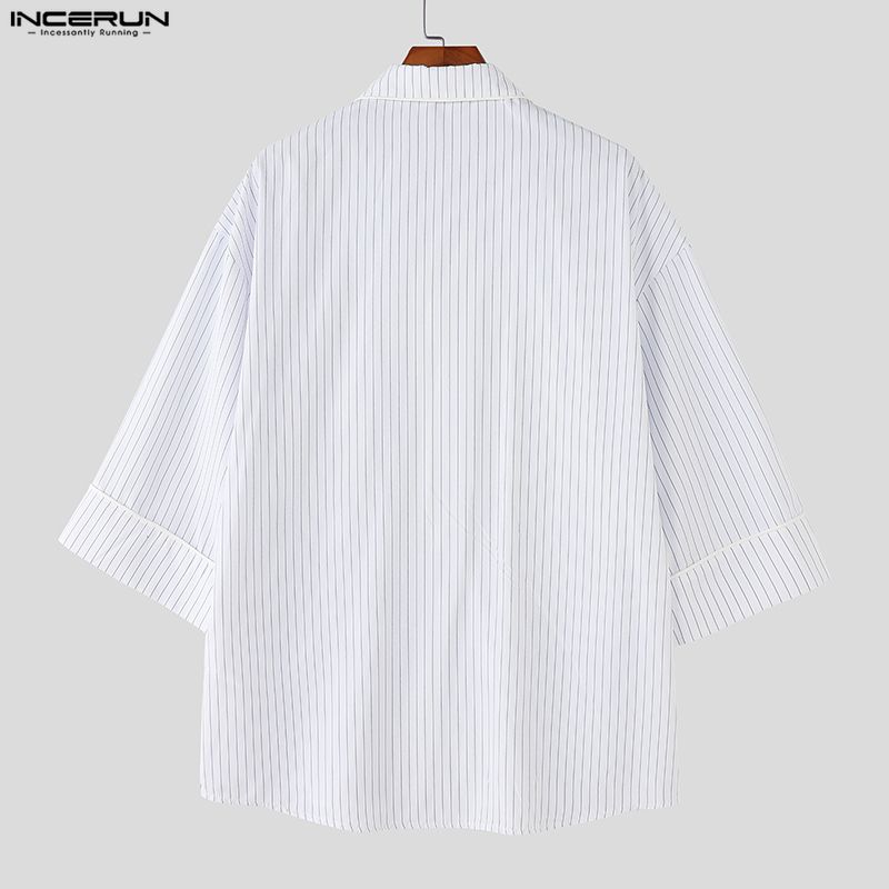 INCERUN Men Spring Lapel Neck 3/4 Sleeve Striped Shirts Casual Oversized Tops