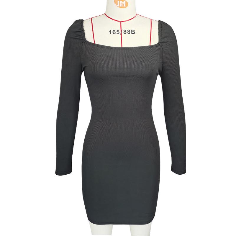 2024 Европейское и Американское Женское Платье с Длинным Рукавом, Квадратным Вырезом и Пышными Рукавами, Приталенное