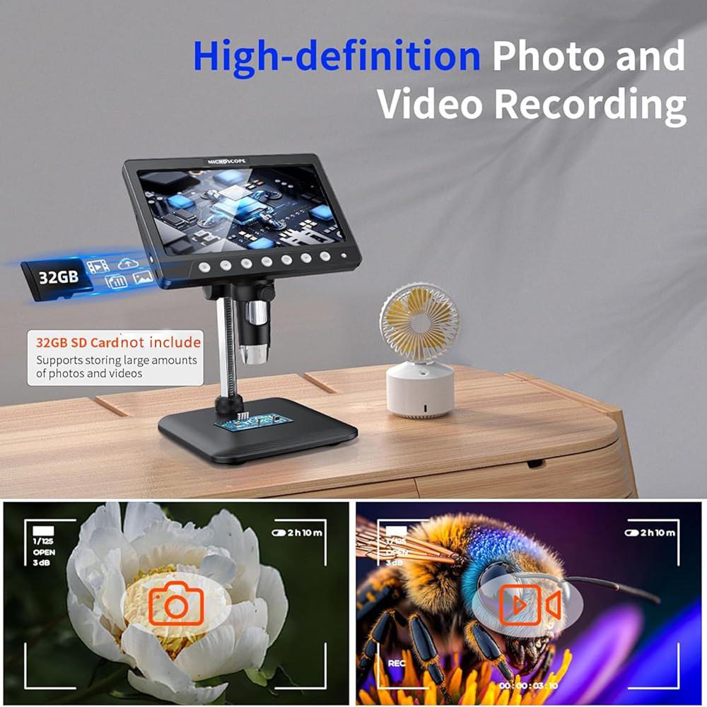 7-дюймовый ЖК-микроскоп для монет 50X-1200X Увеличительное стекло 5MP HD Цифровой микроскоп 8 светодиодных ламп Ремонт электроники Пайка Устройство для просмотра на ПК