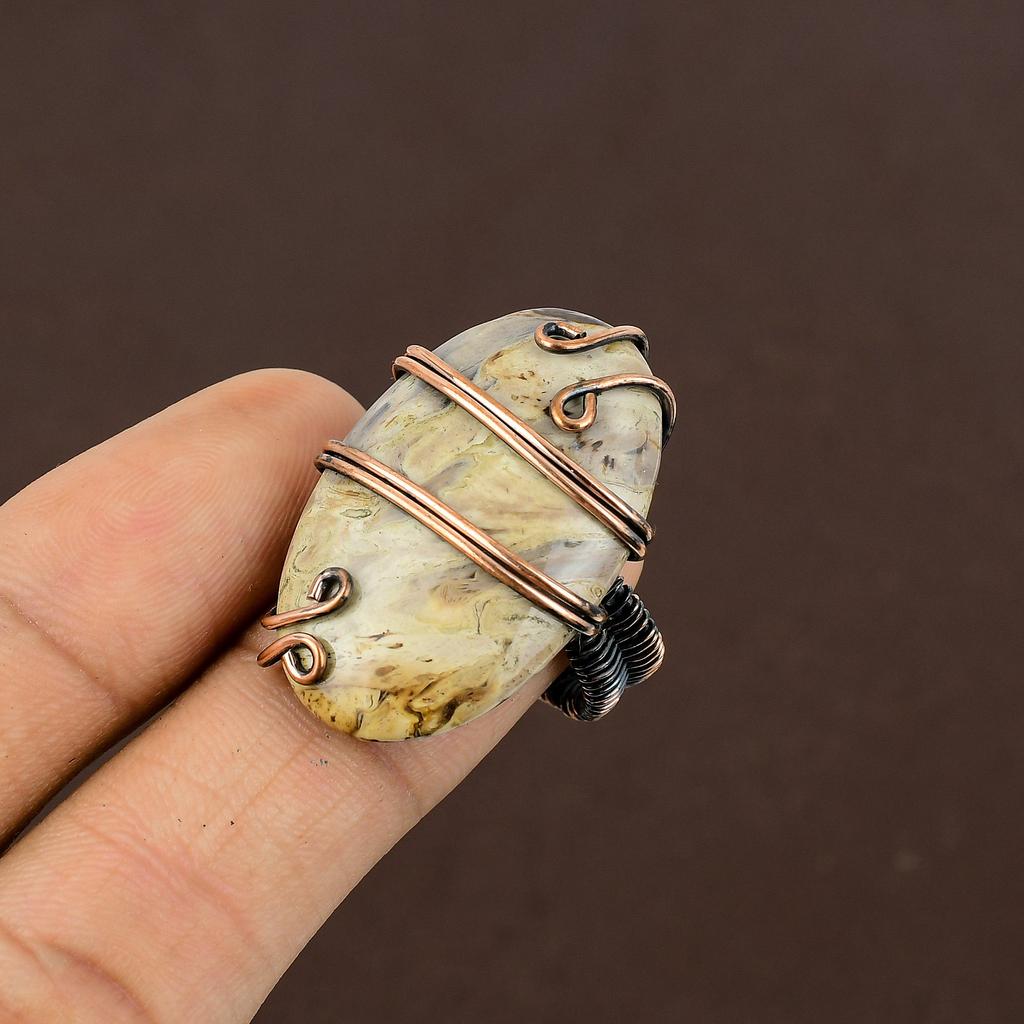 Natural Fossil Coral Gemstone Handmade Copper Wire Wrap Ring Size 7.5 Y6e03