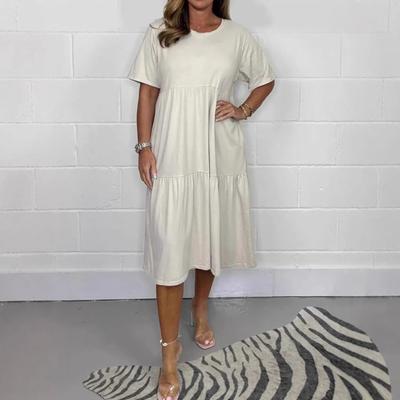 Женское летнее повседневное платье с коротким рукавом, струящееся А-силуэта, многоуровневое платье миди с круглым вырезом, пляжный свободный сарафан для отпуска и путешествий