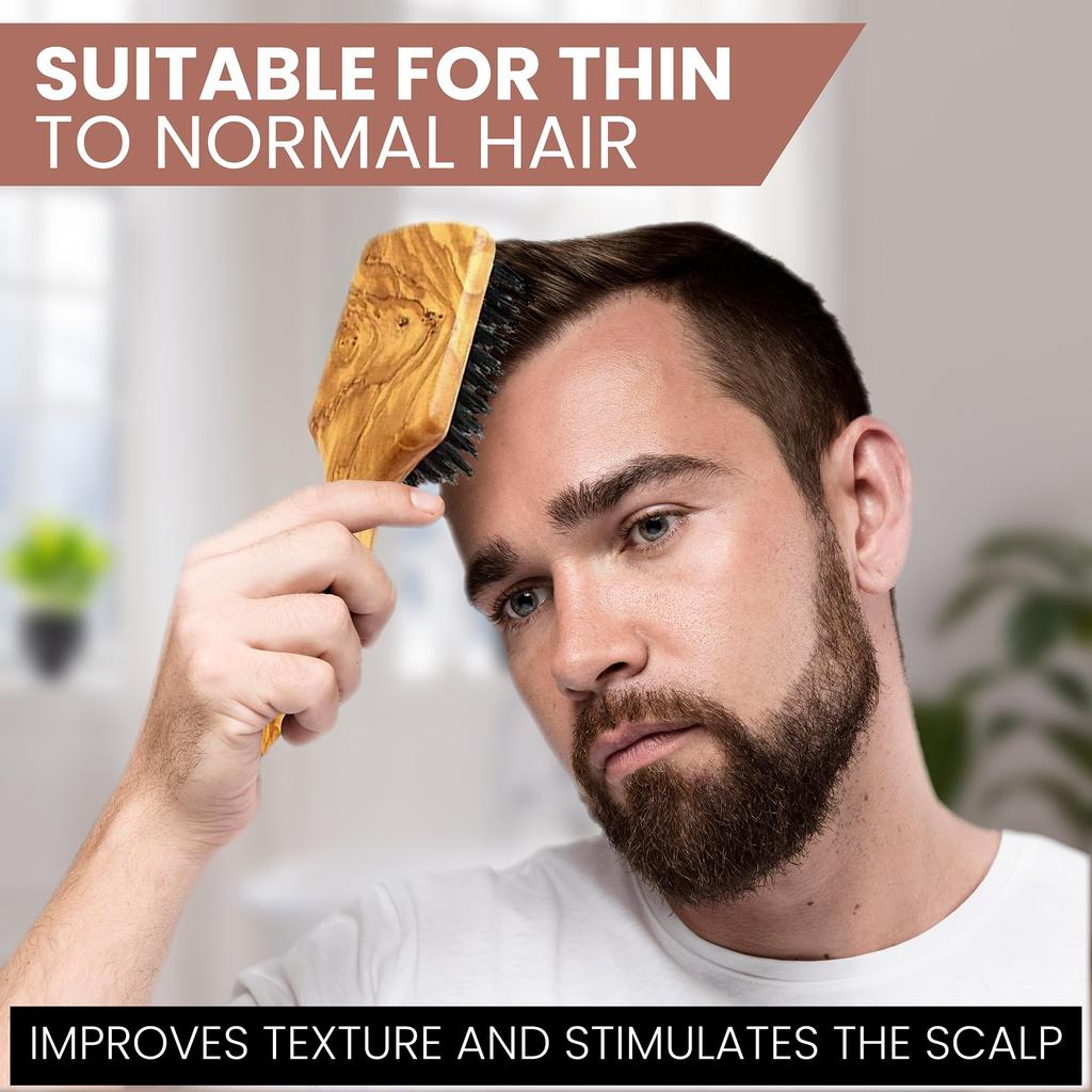 Изготавливается вручную в Германии с 1869 года. Расческа из натурального дерева и щетины кабана для мужчин с тонкими и средними волосами. Мужская - 100% волос.