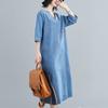 Plus Size Women New Spring Dress Denim Short Sleeve Dress V-Neck Long Dress Blue Basic Dresses Loose