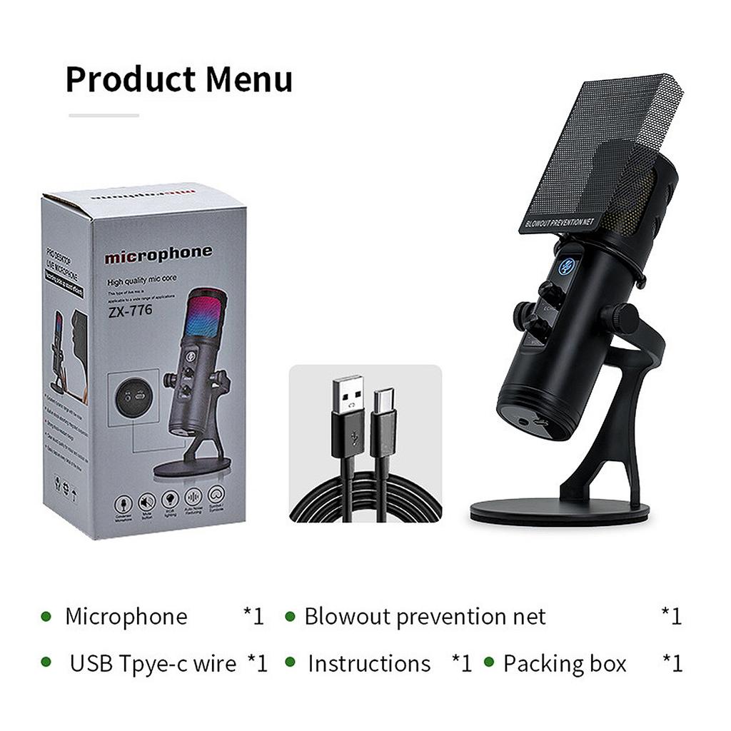 Crystal Clear Metal USB Microphone Professional USB Mic with Colorful RGB Lights for Recording and Streaming Mics