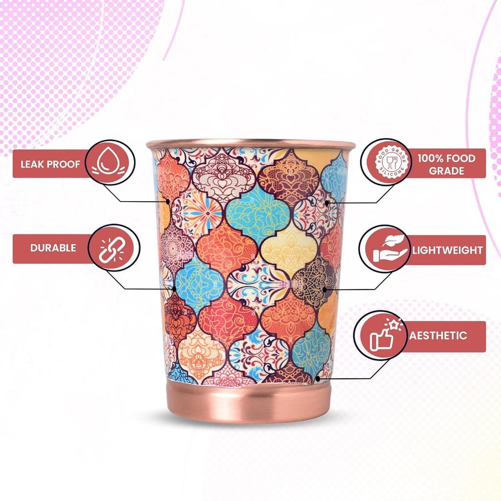 New Copper Printed Design 250ML Water Glass with Rust Proof Protection for Home and Office Use Ayurveda and Yoga Health Benefits Glass Set of 6