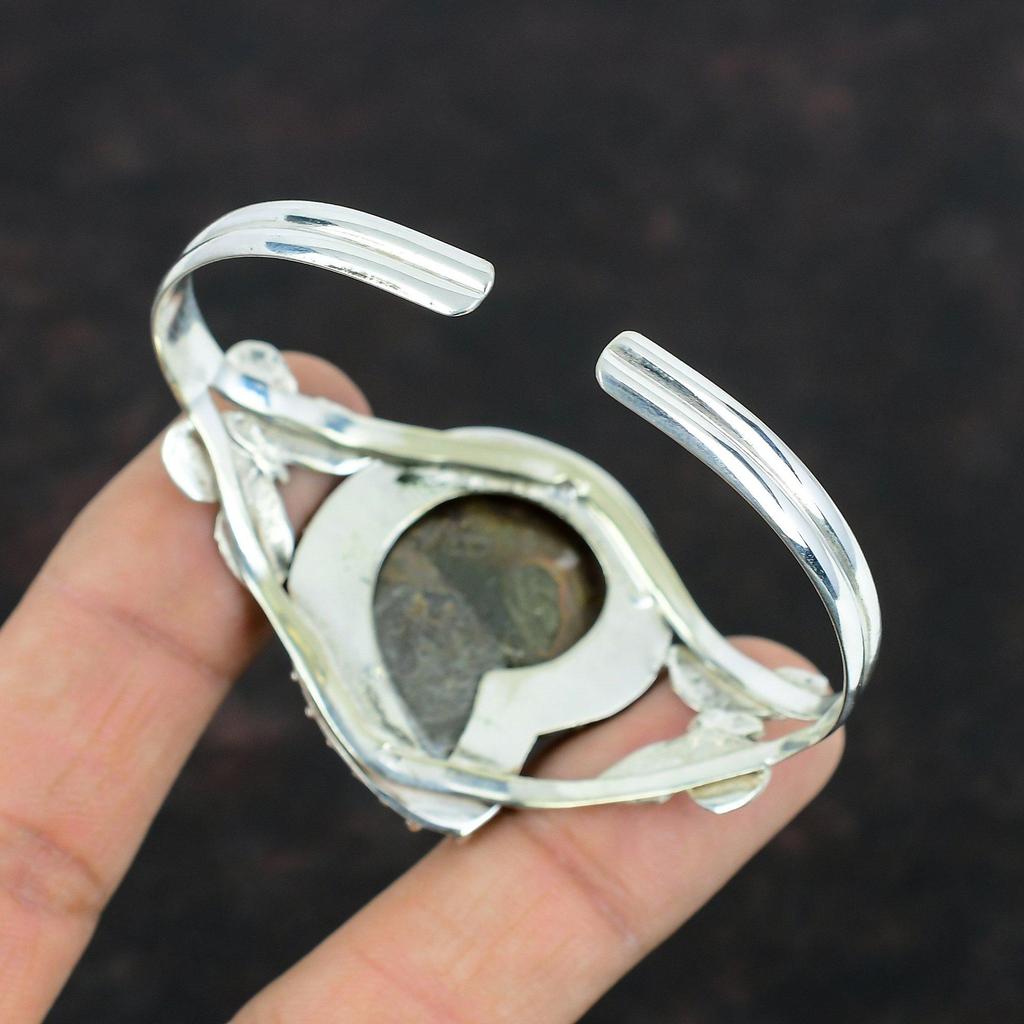 Ammonite Fossil Gemstone Cuff Bracelet 925 Sterling Silver Bangle 18K Gold Plated Butterfly Bangle Handmade Adjustable Cuff Gifts For Women