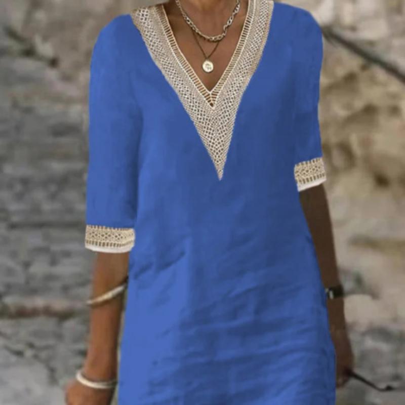Весна и лето Новое однотонное платье с V-образным вырезом и рукавами средней длины