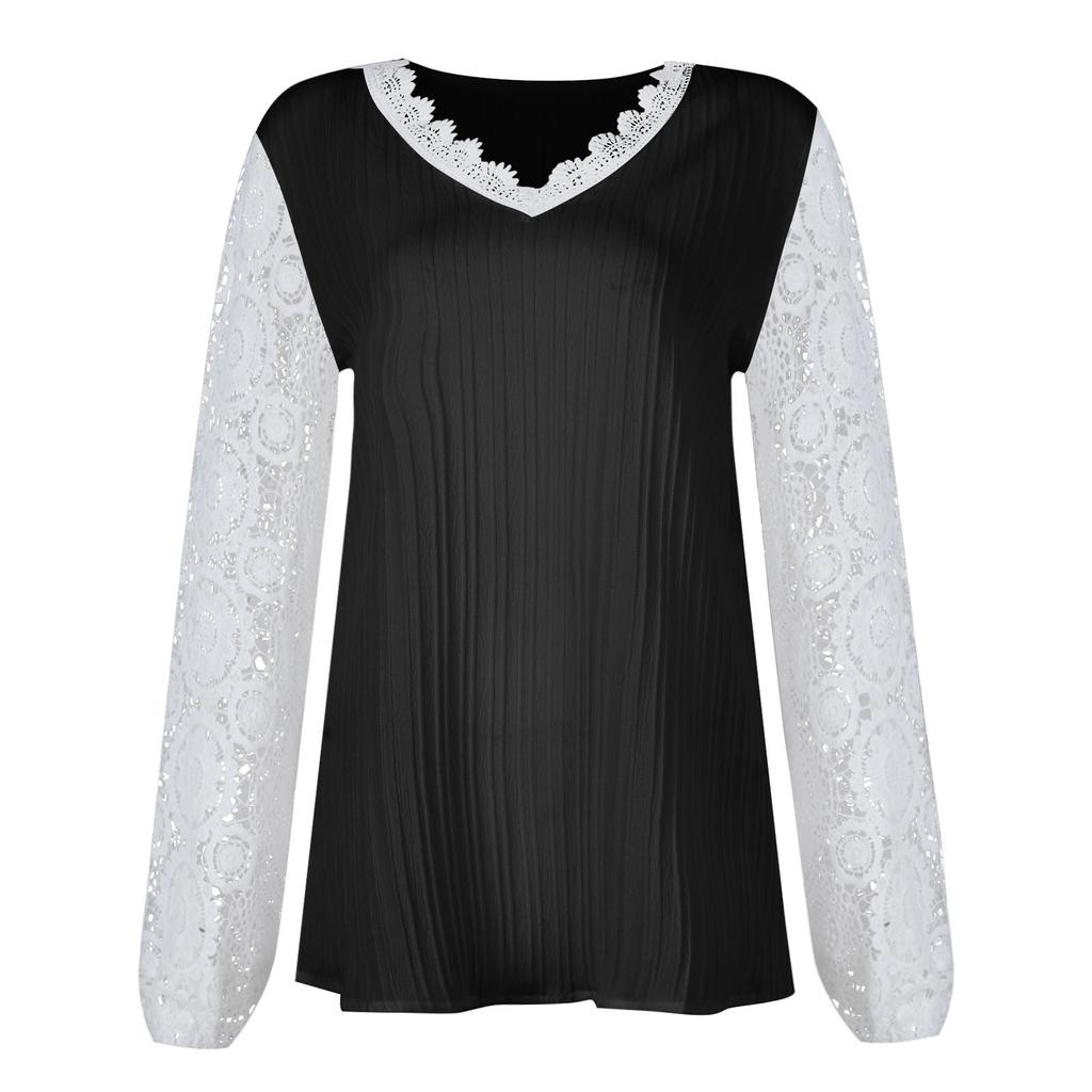 Women's Loose V-neck Lace Patchwork Long Sleeved Casual T-shirt Top