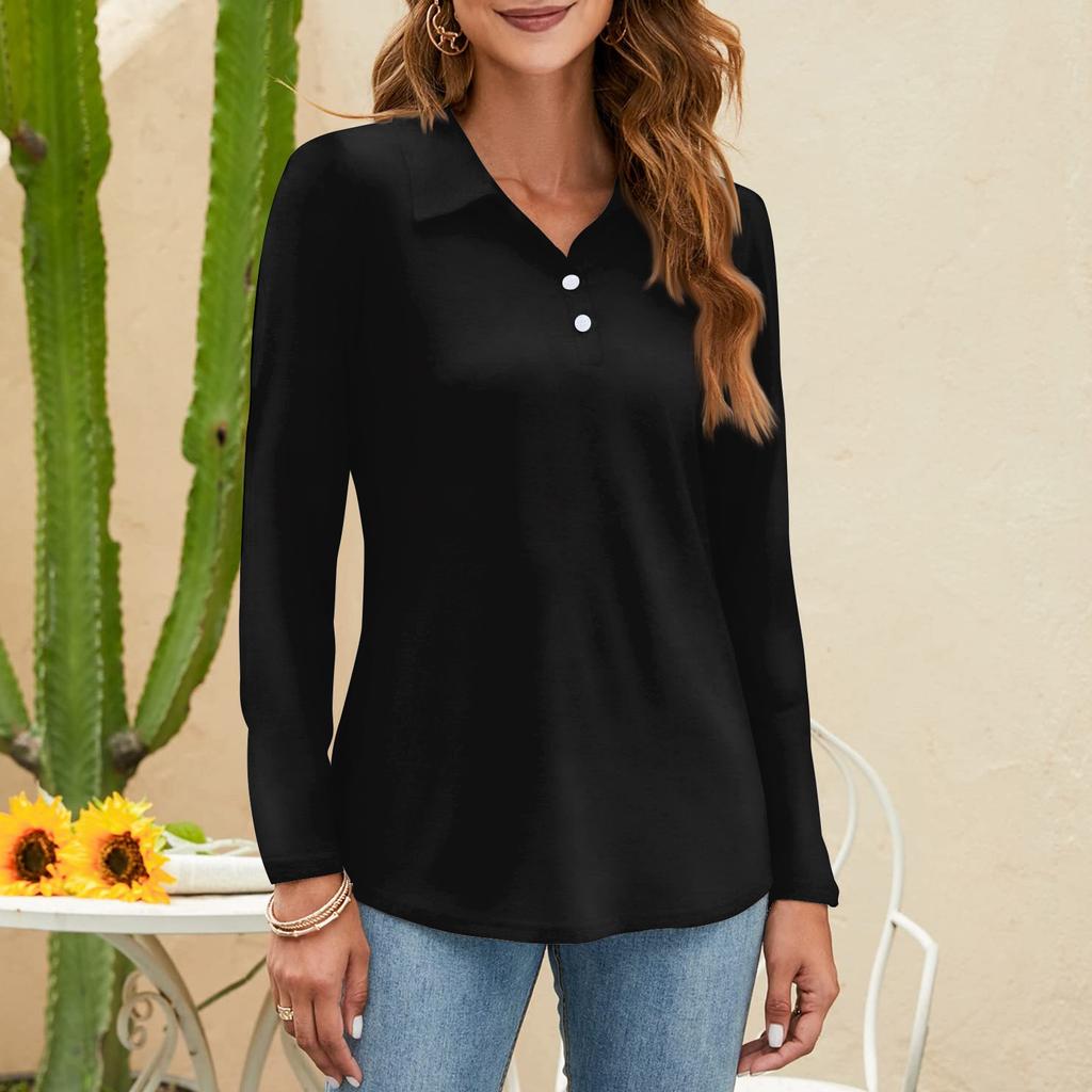 Женская мода однотонная рубашка с воротником на пуговицах и V-образным вырезом, длинным рукавом, свободная рубашка