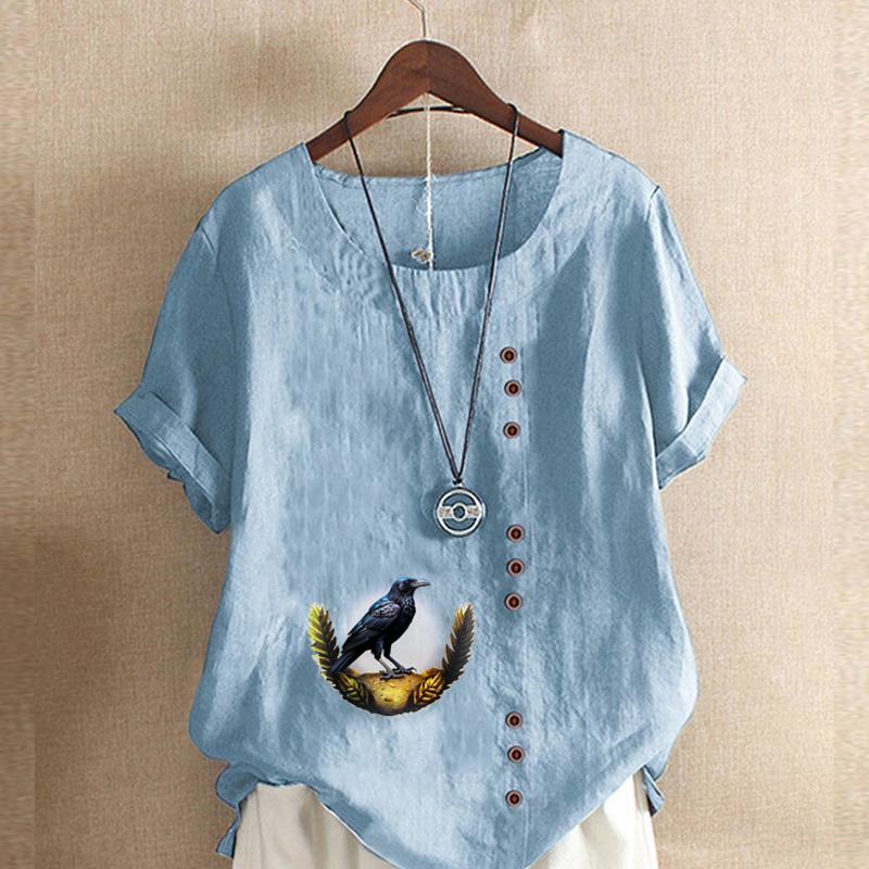 Women's Fashion Round Neck Short Sleeve T-shirt Casual Cotton Linen Graphic Shirt Leisure Loose Crow Prined Summer Blouse Tops