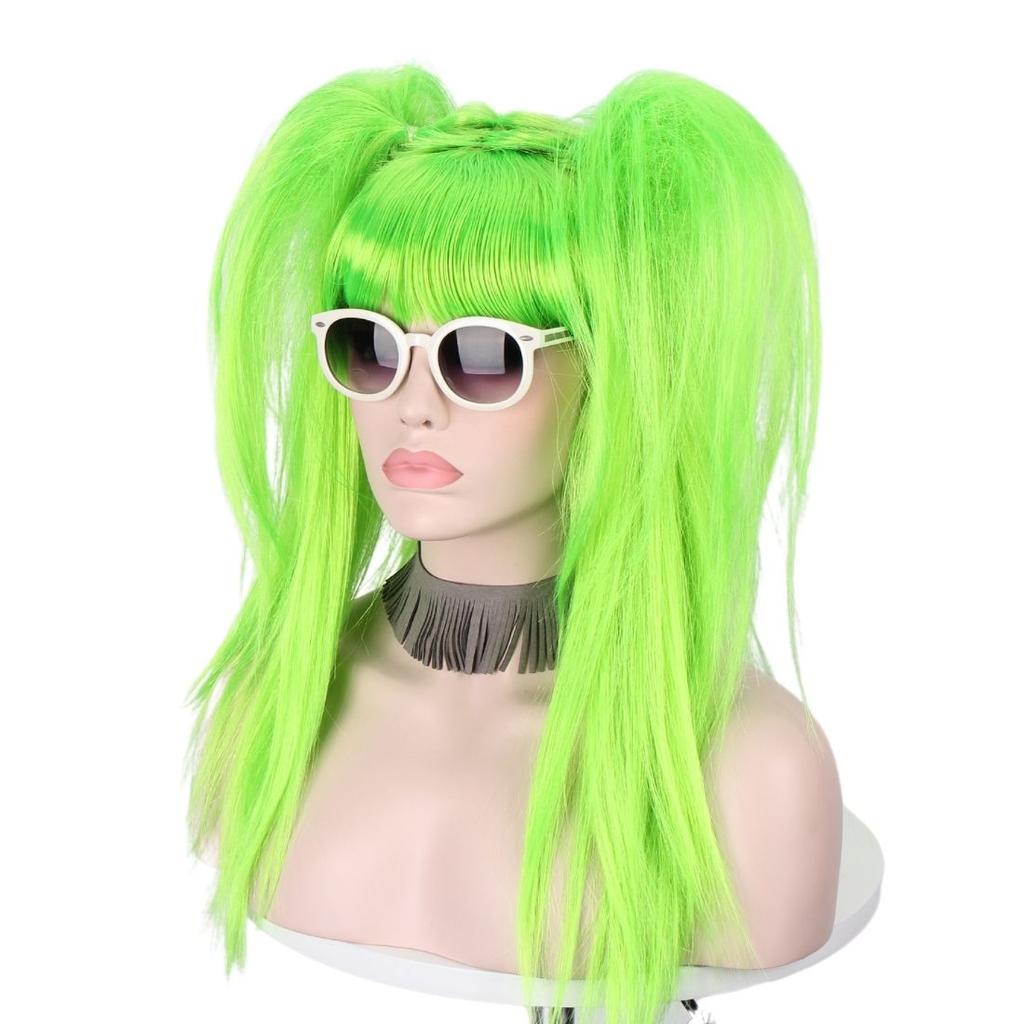 Green Neat Bangs Double Ponytail Synthetic Wig Short Medium Straight Hair Free Switching Stylish Wig for Various Occasions