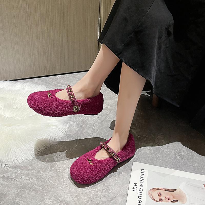 Fashion Aphixta Metal Chain Dec Slip On Flats Soft Fleeces Shoe Shallow Furry Flat With Women Loafers Slip On Warm Winter Casual Shoes