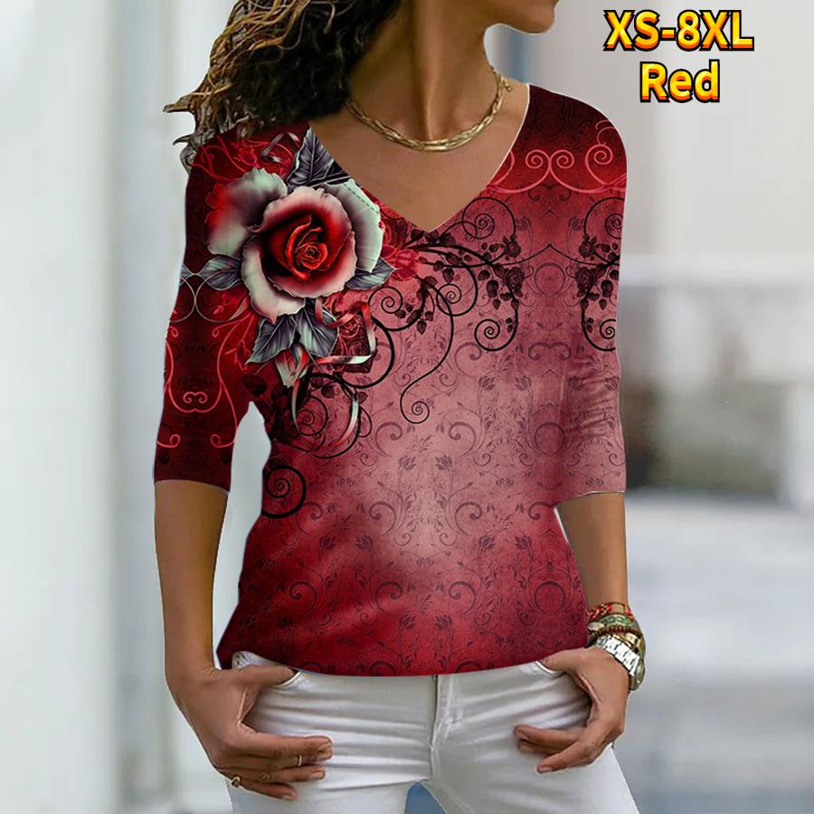 Женские осенние футболки с длинными рукавами с цветочным принтом «Роза на груди», свободные футболки с v-образным вырезом размера плюс, топы, удобная блузка