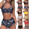 Women's Neck High Waist Strappy Leopard Floral Printed Separate Swimsuit Bikini With Bra Pads No Steel Bra Swimsuit