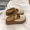 2025 Summer New Bag Head Bag Heel Hollow Sandals Women's Round Head Muffin Thick-soled Casual Half Slippers
