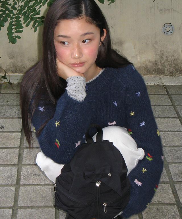 RONRON Petit Embroidery Knit Cardigan Navy