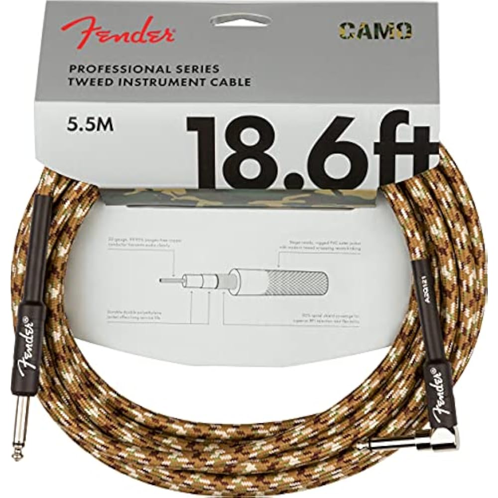 Fender 18,6 футов Профессиональный инструментальный кабель Прямой угол Камуфляж Пустыня - 1 упаковка