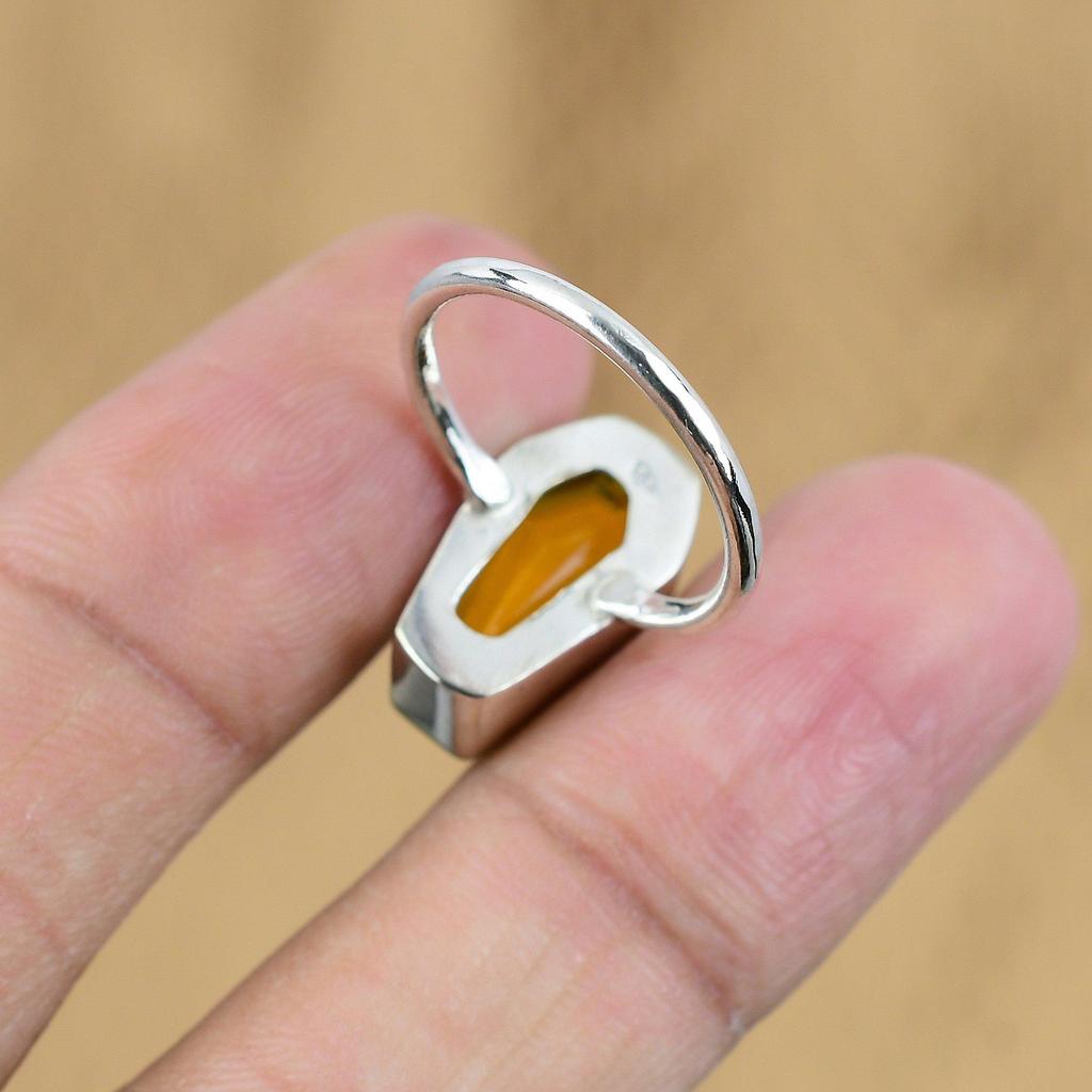 925 Sterling Silver Natural Citrine Elegant Coffin Promise Ethnic Ring Size 7.75
