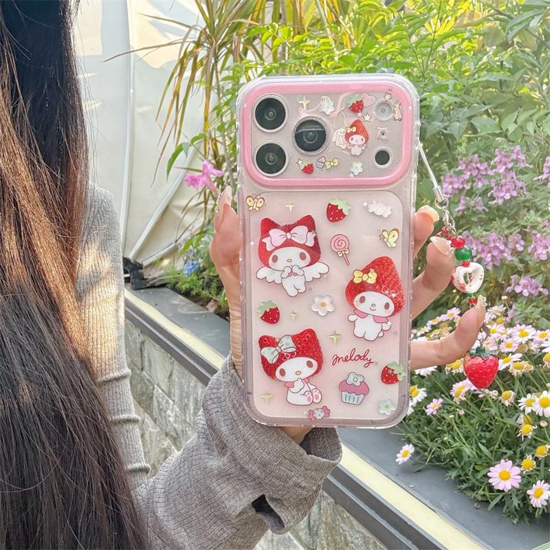 Hello Kitty My Melody Cherry Strawberry Clear Phone Case For iPhone 15 16 17 Pro Max INS Cute Large Window Shockproof Cover