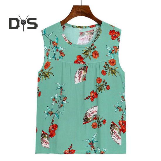 2 Pcs/Set Women Vest Pants Set Flower Print Round Neck Sleeveless Loose Pleated Elastic Waist Wide Leg Casual Homewear Mid Aged Mother Pajamas Set