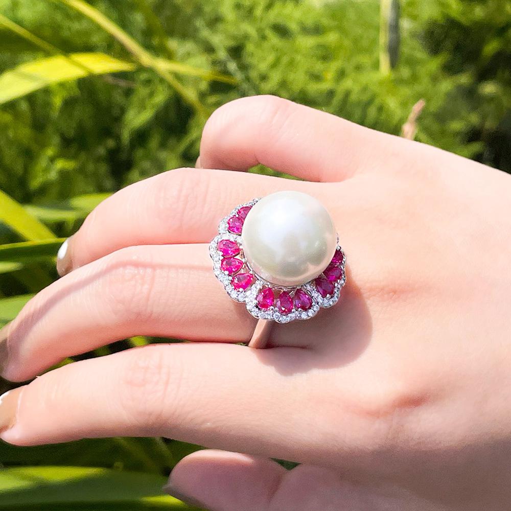 Ювелирные изделия CMM Красивый шикарный красный цирконий цветок круглый массивный большой регулируемый искусственный жемчуг кольцо для женщин праздничная одежда ювелирные изделия