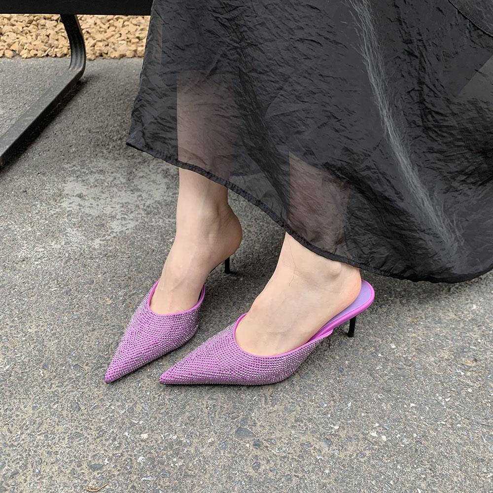 Модные женские босоножки со стразами, тонкие высокие каблуки, черные, зеленые, фиолетовые, бежевые, летние уличные туфли-мюли, туфли-лодочки на шпильках для вечеринок, размеры 35-39