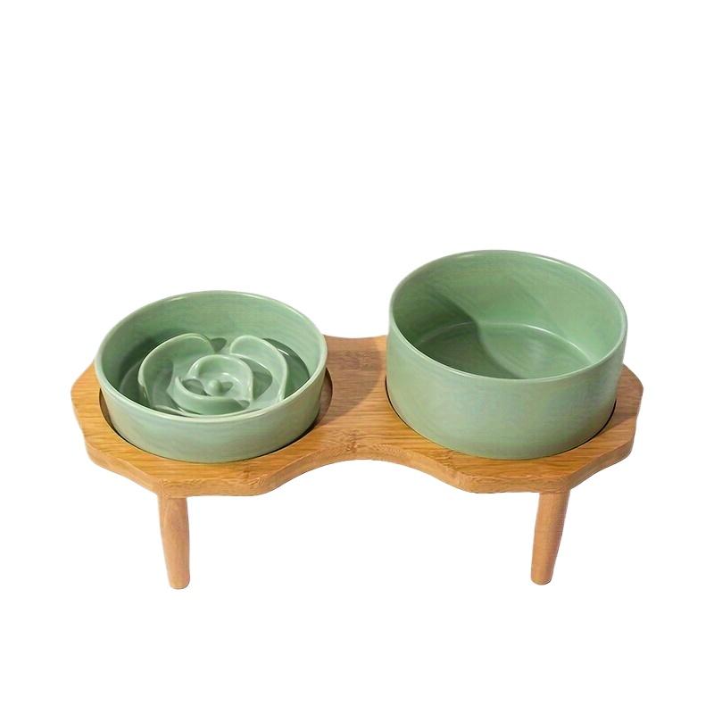 Bomei Ceramic Slow Feeder Dog Bowl - Anti-Choking & Anti-Spill Double Pet Bowls with Wooden Stand