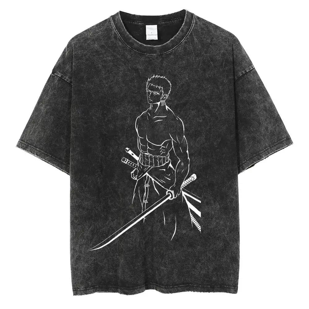 Harajuku Fashion Vintage TShirt Japanese ONE PIECE Anime Graphic Oversize T Shirt Washed Tshirt Men Summer Cotton Tops Tees
