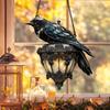 Raven On Lantern Acrylic Suncatcher Faux Stained Glass Window Wall Hanging Ornament Gothic Crow On Lamp Halloween Decor for Dark Academia Home Decor