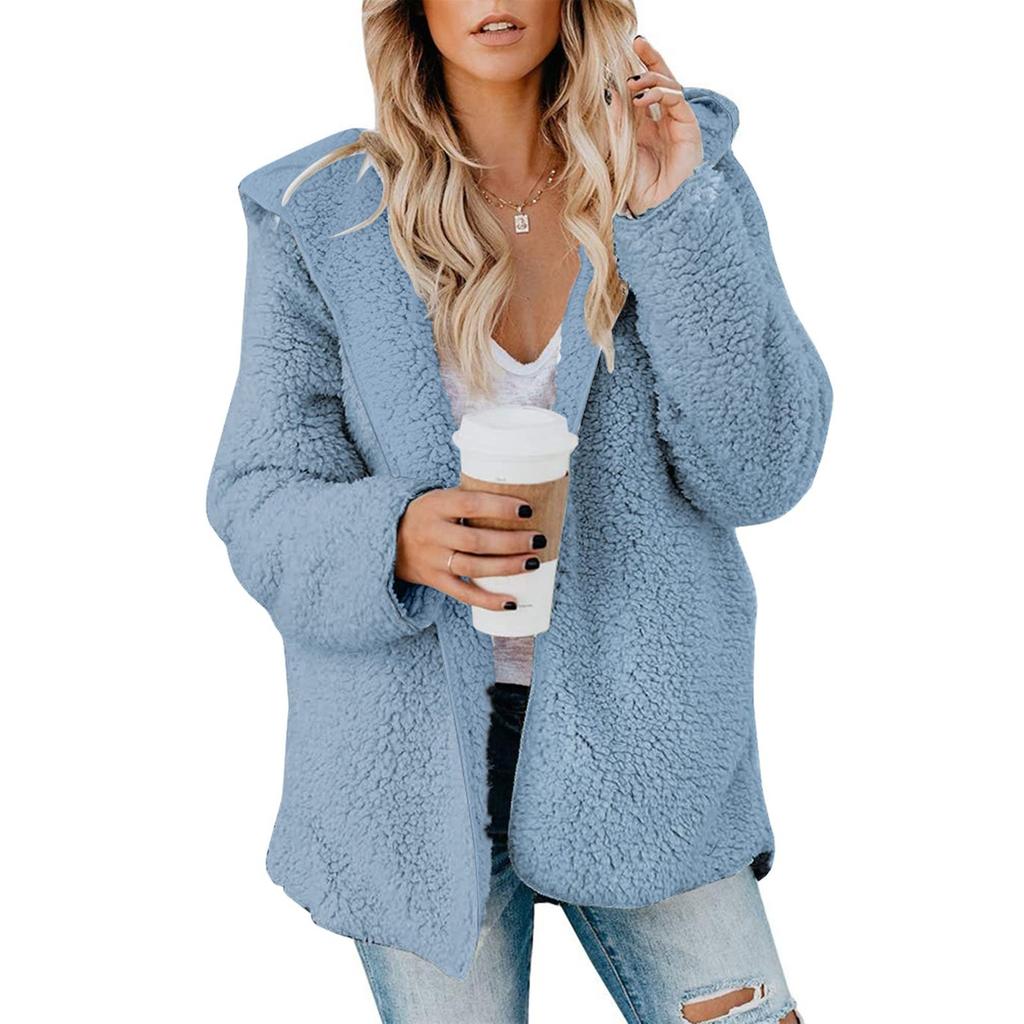 Женская плюшевая куртка, флисовая куртка большого размера, пальто с карманами, открытыми спереди, с капюшоном, пушистый кардиган