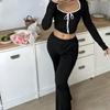 Spring Autumn Women Cardigan Sleepwear Solid Bow Trim Pajamas Set Casual Sexy Crop Tops and Long Trousers Loungewear Nightwear