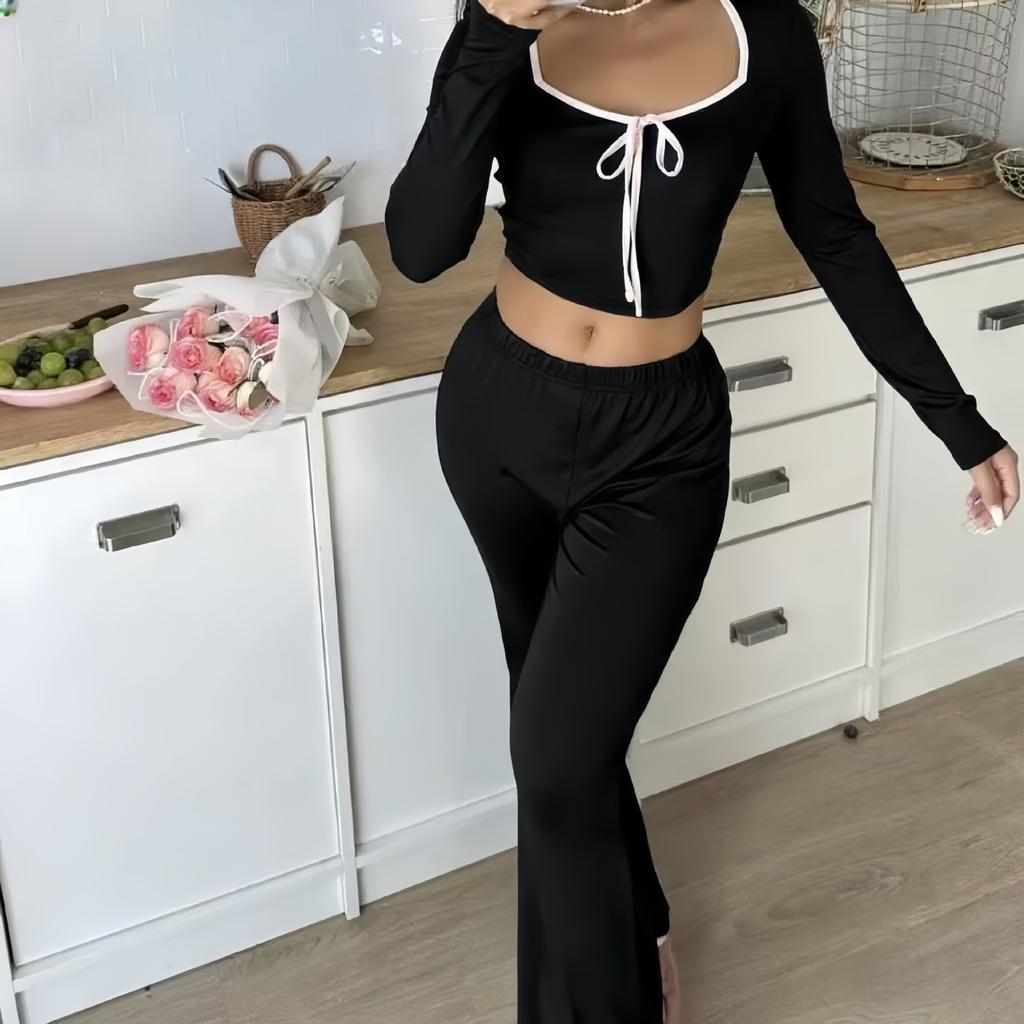 Spring Autumn Women Cardigan Sleepwear Solid Bow Trim Pajamas Set Casual Sexy Crop Tops and Long Trousers Loungewear Nightwear