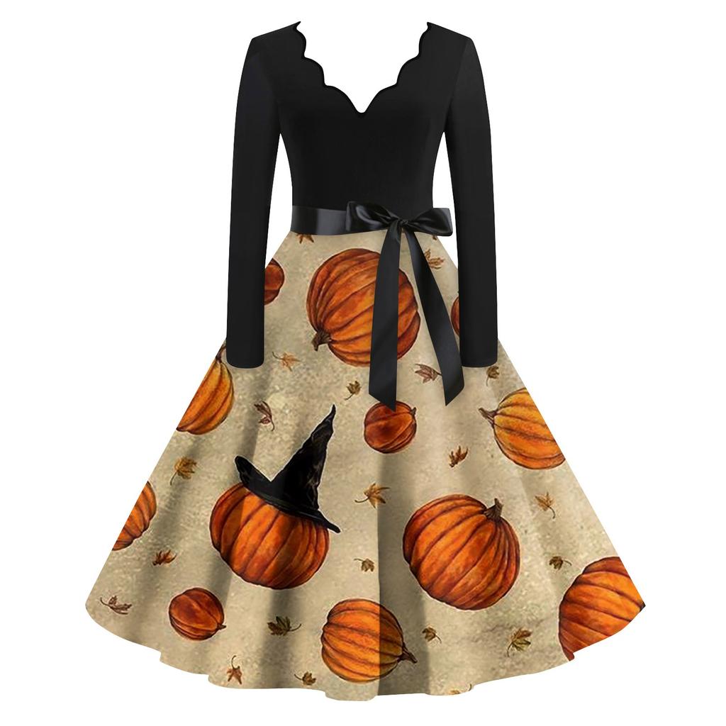Платье на Хэллоуин для женщин с винтажным принтом и длинным рукавом с v-образным вырезом плюс размер вечерние платья для выпускного вечера