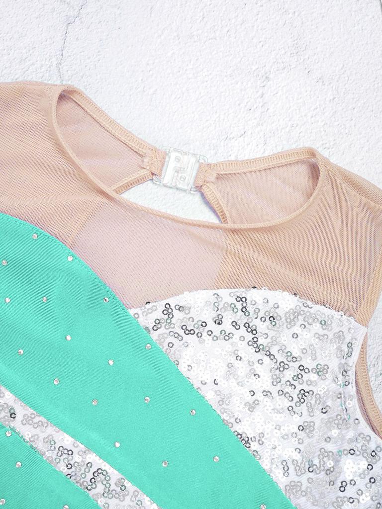 Girls Sparkly Sequined Dance Dress Sleeveless Round Neck Patchwork Hollow Back Design for Ice Skating