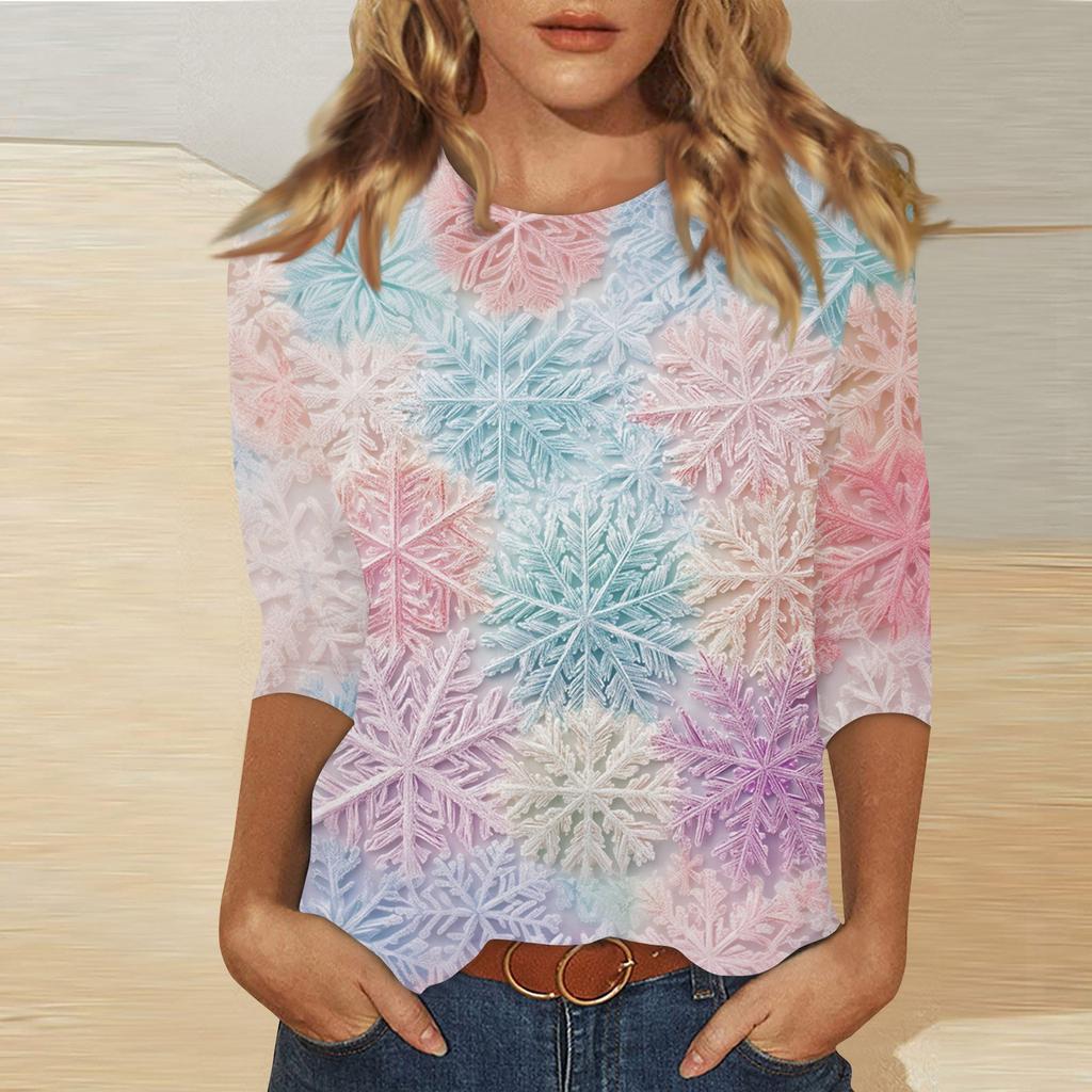 Женская мода повседневная три четверти рукава рождественский принт круглый вырез пуловер топ