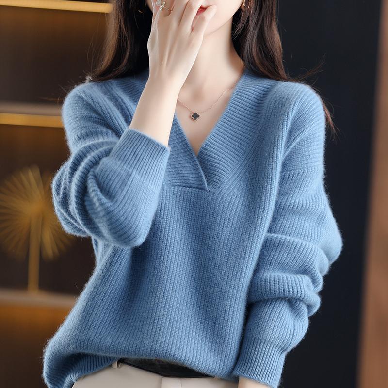 Autumn Winter Casual Elegant V-neck Women's Sweater Solid Fashion Long Sleeve Knitted Pullover Sweaters Women Warm Loose Lady Knitwears Clothing 31073