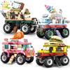 City Outing Bus Ice Cream Burger Shop Car Building Blocks Food Snack Street View Store Van Bricks Toy For Children Girl