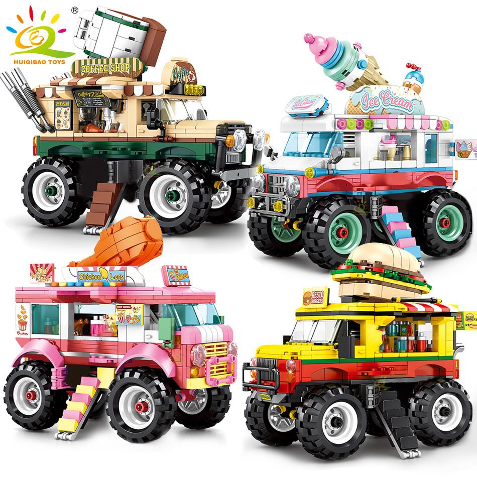 City Outing Bus Ice Cream Burger Shop Car Building Blocks Food Snack Street View Store Van Bricks Toy For Children Girl