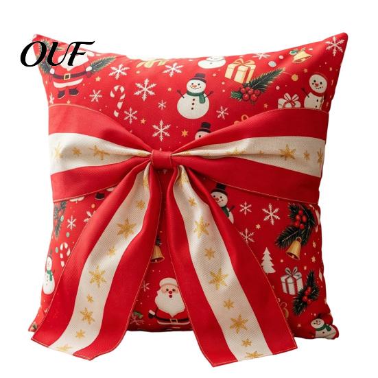 Festive Christmas Tree Pillow Cover Throw Cover, Holiday Cushion with 3D Bow, Soft Polyester Shells Seasonal Farmhouse Case for Living Room Sofa Couch