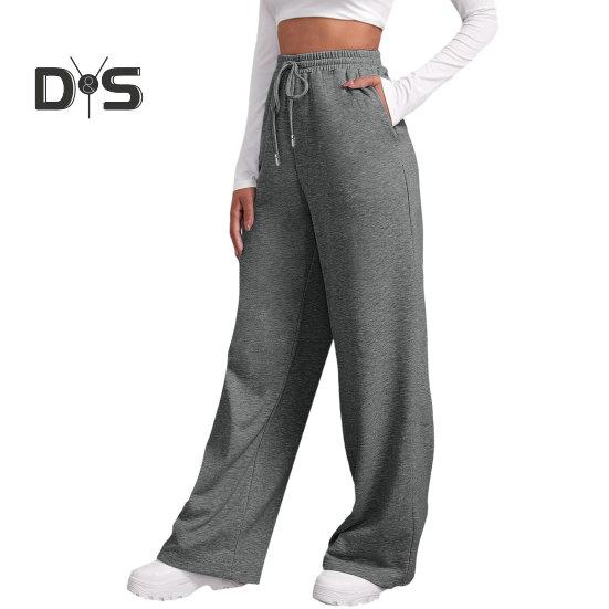Women Fall Winter Pants Drawstring Elastic Waist Wide Leg Loose Soft Solid Color Pockets High Waist Soft Breathable Full Length Sports Trousers Yoga