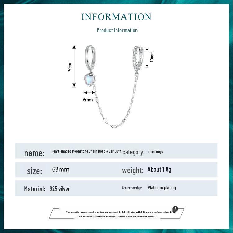 Avle Стерлинговое серебро S925 Цепочка с лунным камнем в форме сердца Двойные серьги-каффы для ушей BSE809