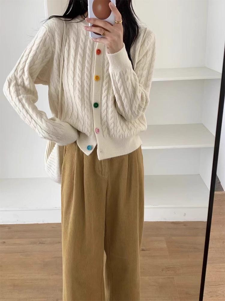 Женский кардиган в стиле ретро с кабельным узором: Мягкий, Теплый, Круглый вырез, на Пуговицах - Повседневный Корейский Стиль для Осени/Зимы.