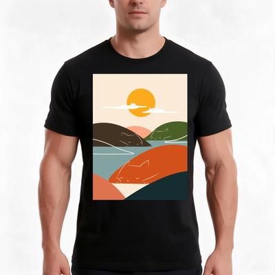 Cat Landscape 104 Tshirt Summer Casual Cotton Tee Oversized Streetwear Tops Vintage Graphic Print Loose Fit Short Sleeve